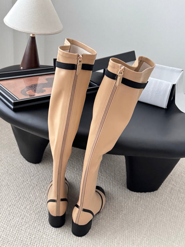 CC 25 Bowknot Stretch Boots Beige Sheepskin