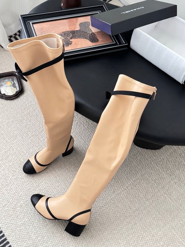 CC 25 Bowknot Stretch Boots Beige Sheepskin