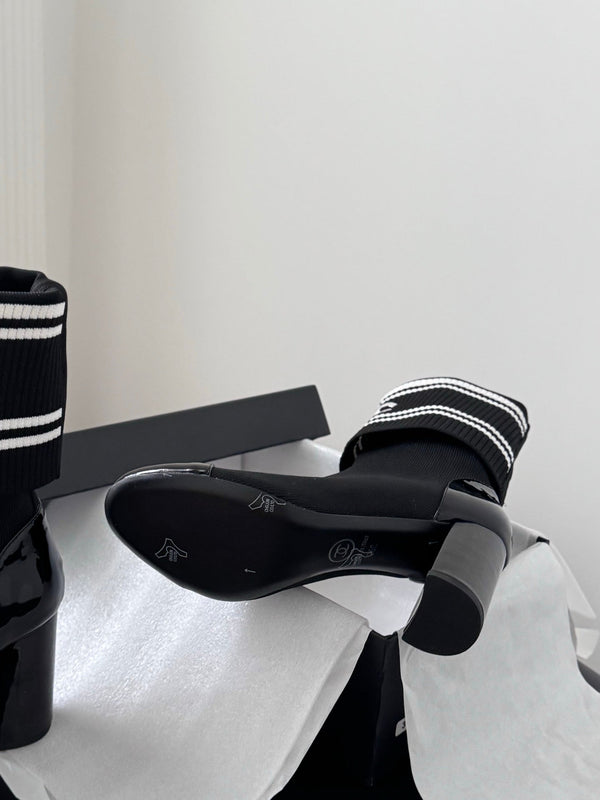 CC 25K Ankle Sock Boots 85mm Heel Black Patent Calfskin and Lambskin 508003