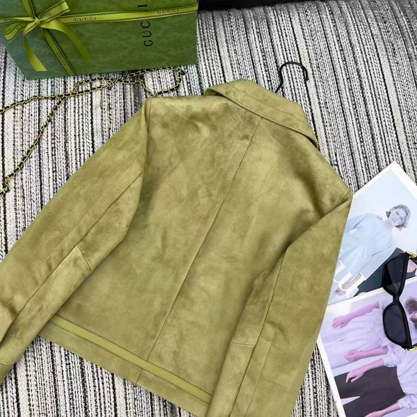 GG 25FW Metal Chain Hem Lapel Jacket Olive Green Suede Lambskin