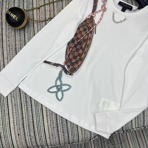 LV 25Ss Monogram 3D Crossbody Bag Metal Chain White Cotton Long-Sleeve Shirt