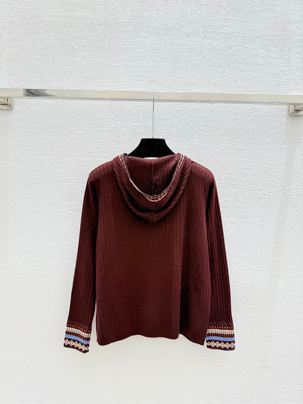 Loewe Hooded Contrast Striped Knit Wool Cashmere Long Sleeve Top