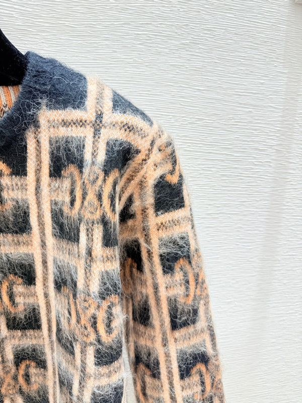 CE Contrast Color Monochrome Plaid Striped Crewneck Long Sleeve Knit Top Khaki Wool