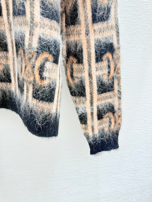 CE Contrast Color Monochrome Plaid Striped Crewneck Long Sleeve Knit Top Khaki Wool