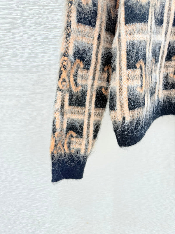 CE Contrast Color Monochrome Plaid Striped Crewneck Long Sleeve Knit Top Khaki Wool