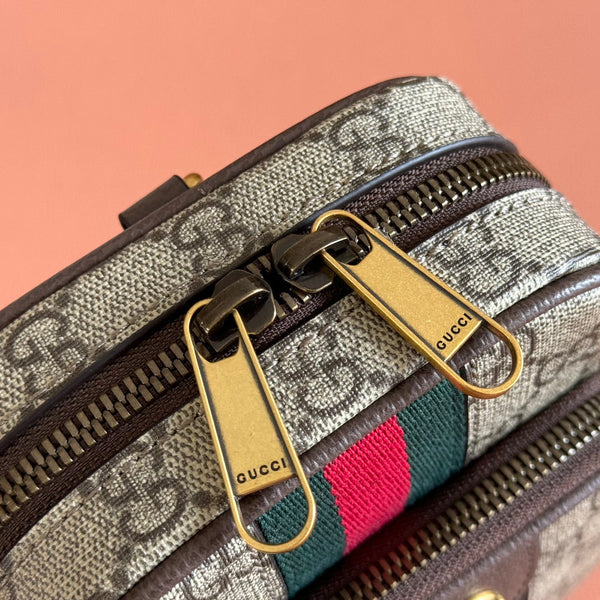 GG Ophidia GG Mini Handbag 12cm Grey and Brown Supreme Canvas