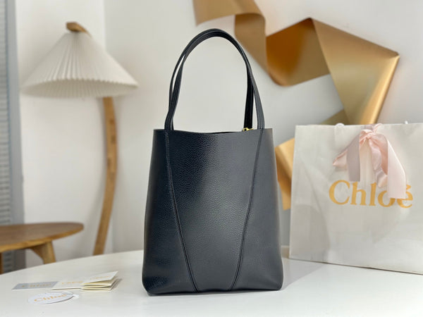Chloe Spin Tote Bag Medium 27cm Black Calfskin 272274