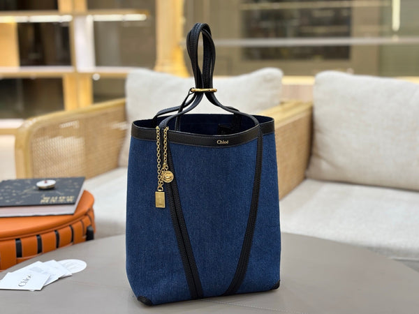 Chloe Spin Tote Bag Medium 27cm Blue Denim Calfskin 272224