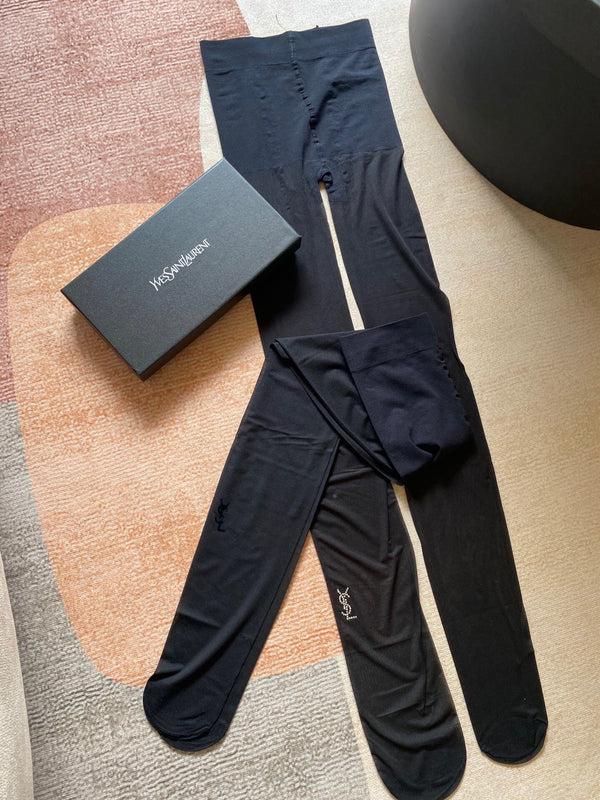 YSL rhinestone-embellished and flocked ultra-thin black pantyhose
