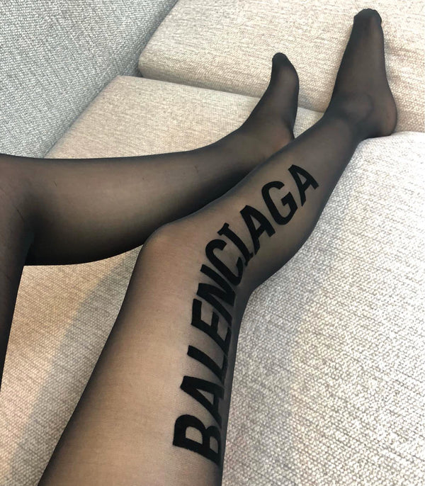 Balenciaga single-sided flocked lettering semi-transparent black pantyhose