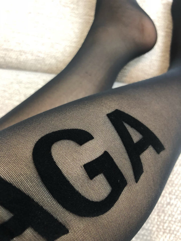 Balenciaga single-sided flocked lettering semi-transparent black pantyhose