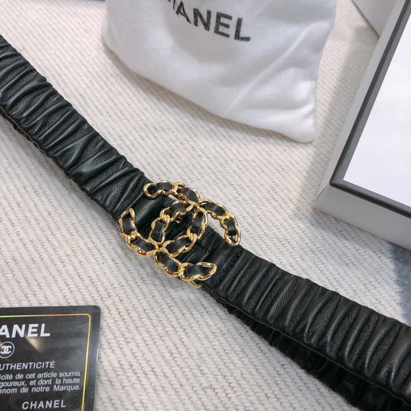 Ceinture Élastique en Peau d'Agneau Noire 30mm avec Boucle Logo Strass CC 614238