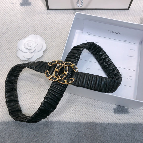 Ceinture Élastique en Peau d'Agneau Noire 30mm avec Boucle Logo Strass CC 614238