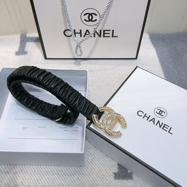 Ceinture élastique noire et or en agneau 30mm avec boucle logo CC strass 614237