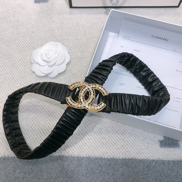Ceinture élastique noire et or en agneau 30mm avec boucle logo CC strass 614237