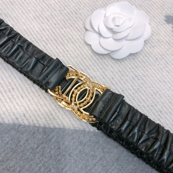 Ceinture élastique noire et or en agneau 30mm avec boucle logo CC strass 614237