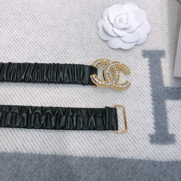 Ceinture élastique noire et or en agneau 30mm avec boucle logo CC strass 614237