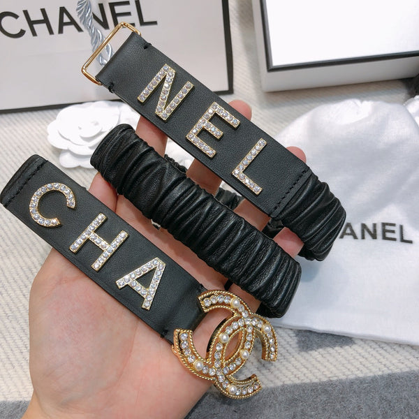 CC Ceinture Élastique 30mm Logo Strass Dorés Cuir de Vachette Noir 614213