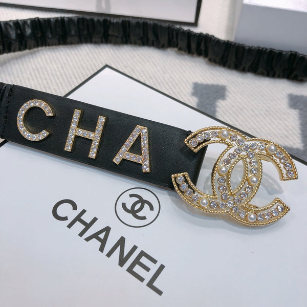 CC Ceinture Élastique 30mm Logo Strass Dorés Cuir de Vachette Noir 614213