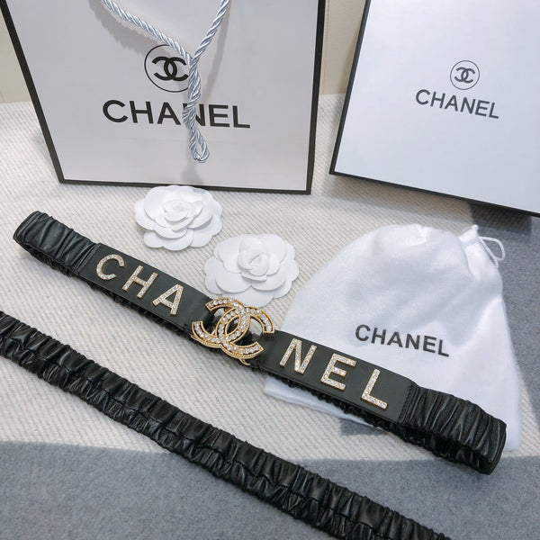 CC Ceinture Élastique 30mm Logo Strass Dorés Cuir de Vachette Noir 614213