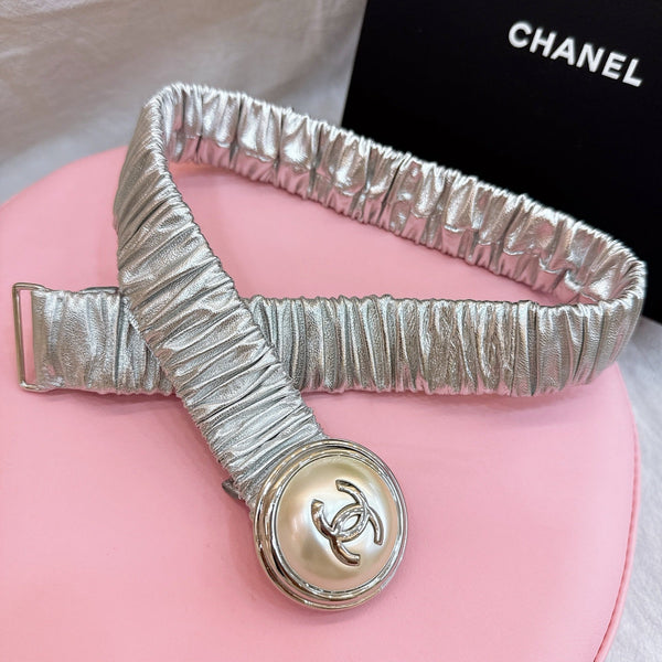 Ceinture élastique femme boucle CC Stamp 30mm Cuir de vachette argent 196842