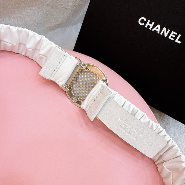 Ceinture Femme Boucle Cachet CC 30mm Élastique Cuir de Vachette Blanc 196841