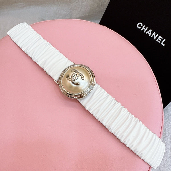 Ceinture Femme Boucle Cachet CC 30mm Élastique Cuir de Vachette Blanc 196841