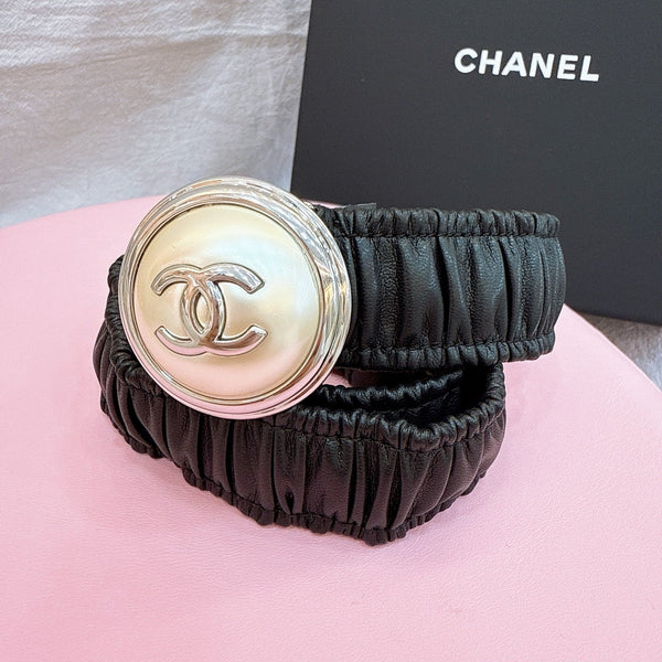 CC Stamp Buckle Women Belt 30mm Elastic Black Cowhide 196840