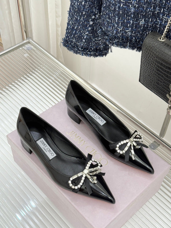 Jimmy Choo 26WF Pointed Toe Rhinestone Bow Chunky Heel Black in Sheepskin 573540