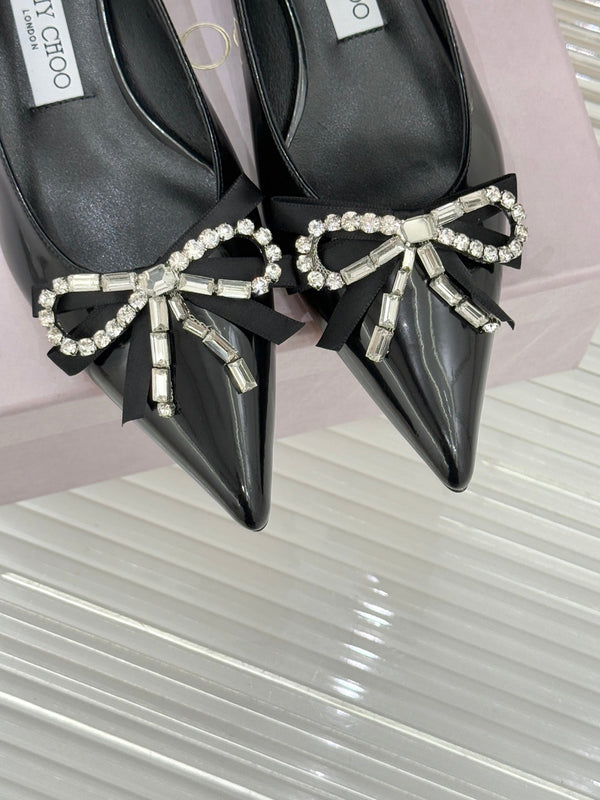 Jimmy Choo 26WF Pointed Toe Rhinestone Bow Chunky Heel Black in Sheepskin 573540