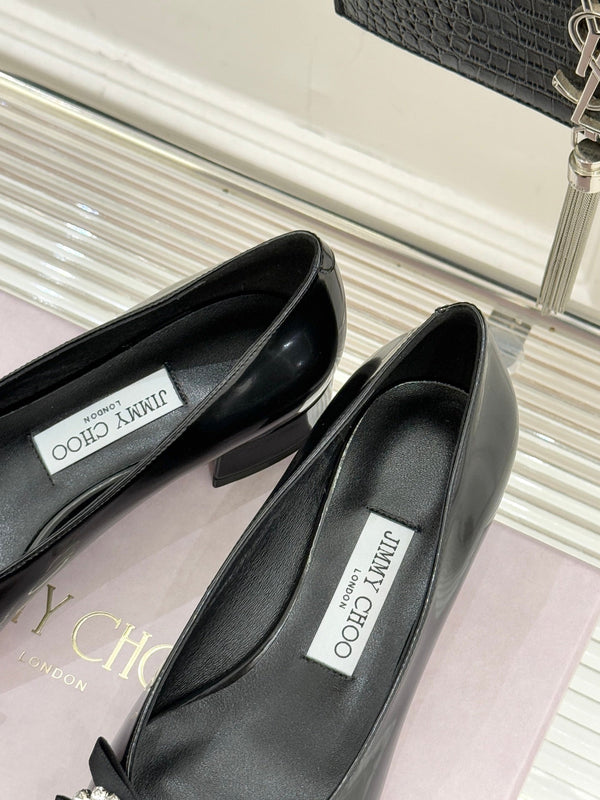 Jimmy Choo 26WF Pointed Toe Rhinestone Bow Chunky Heel Black in Sheepskin 573540
