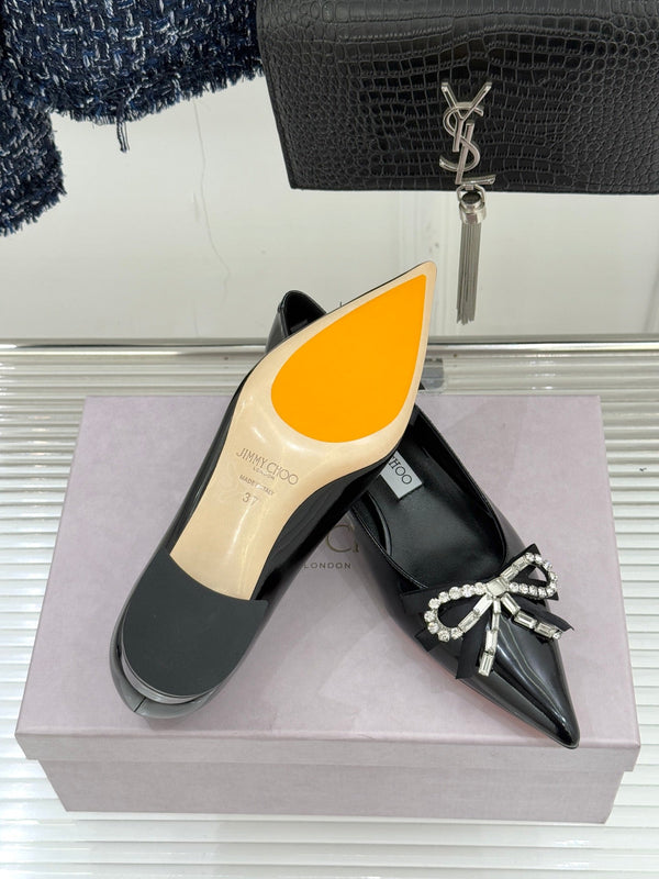 Jimmy Choo 26WF Pointed Toe Rhinestone Bow Chunky Heel Black in Sheepskin 573540