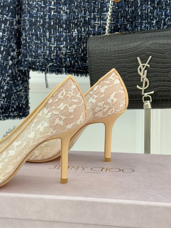 JC25WF Rhinestone Bow Pionted Toe High Heels 85 Nude Sheepskin 573538
