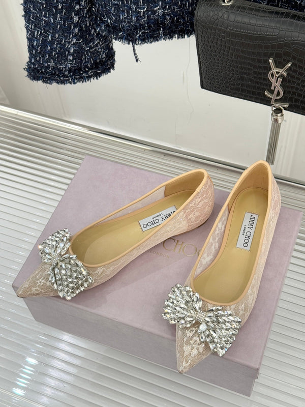 JC25WF Rhinestone Bow Pionted Toe Ballet Flat Nude Sheepskin 573535