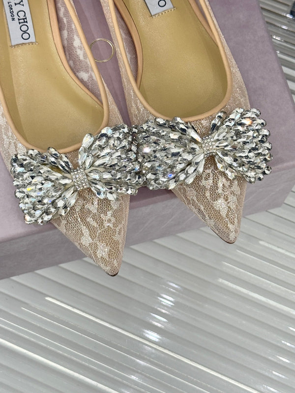 JC25WF Rhinestone Bow Pionted Toe Ballet Flat Nude Sheepskin 573535