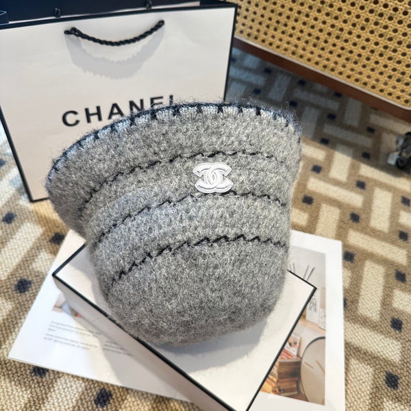 Chanel New Autumn/Winter Wool Blend Knit Bucket Grey Hat 960029