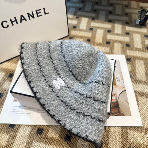 Chanel New Autumn/Winter Wool Blend Knit Bucket Grey Hat 960029