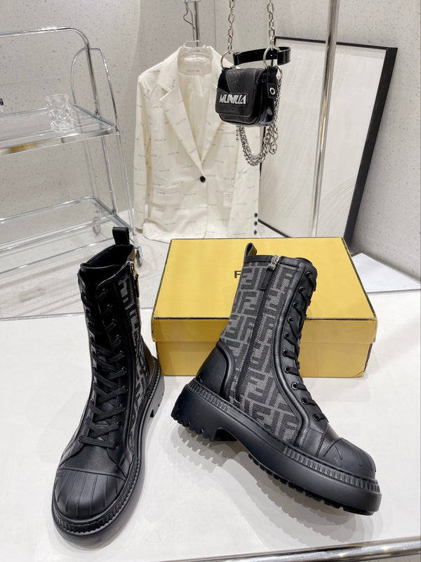 Fendi DOMINO New Monogram Lace-up Boots Black in Sheepskin 576795