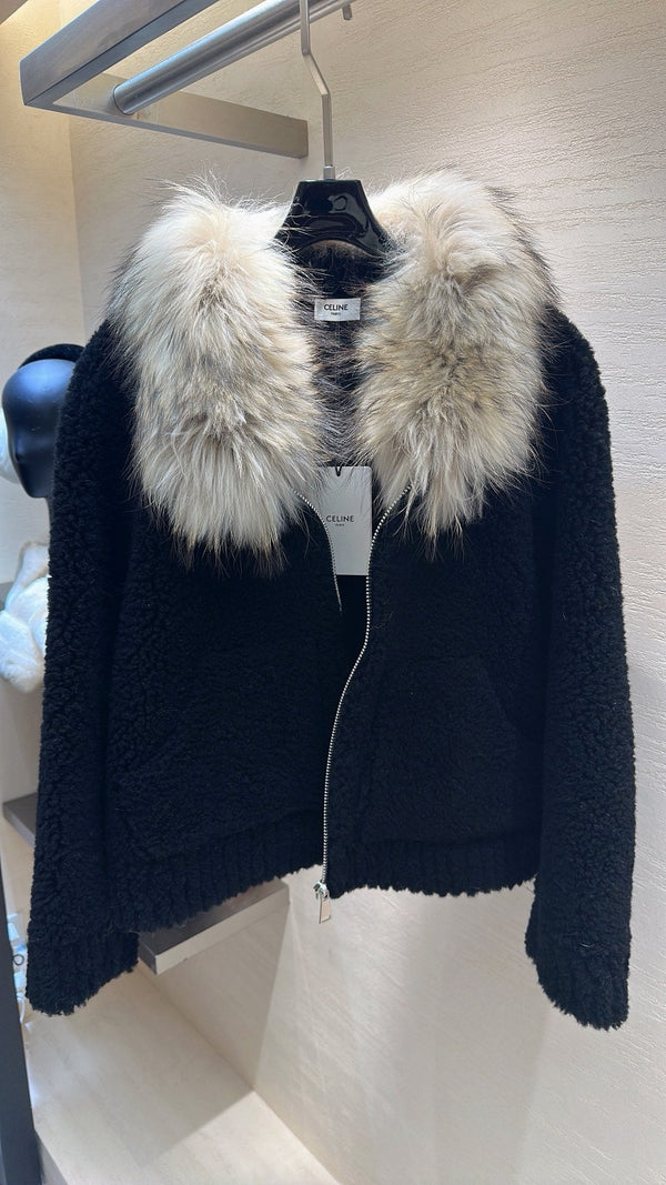 Manteau CELINE en peau lainée noire 333249
