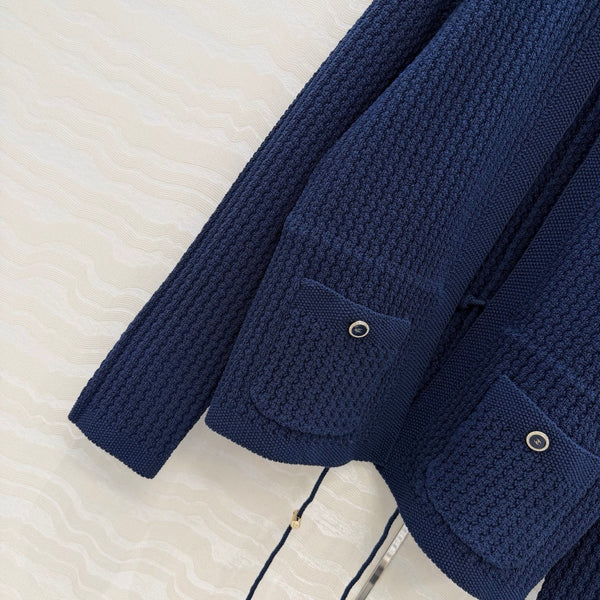 Chanel 26c Rhinestone Buckle Belt Cardigan Blue Wool 333721