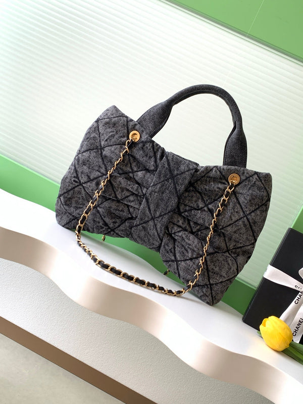 Sac Chanel 25K Nœud 38cm Gris Foncé Doré Denim Cuir 275871