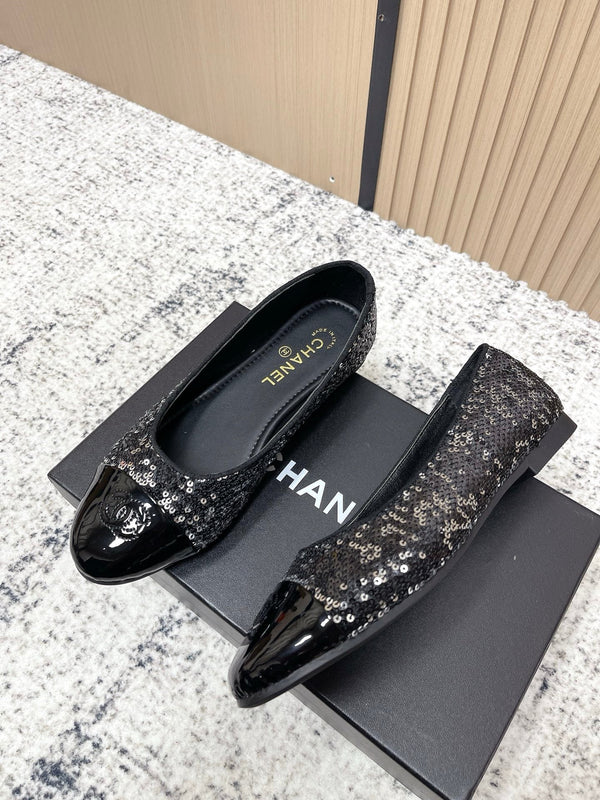 Ballerines Chanel Coco Mark Noires Argentées en Agneau 591378