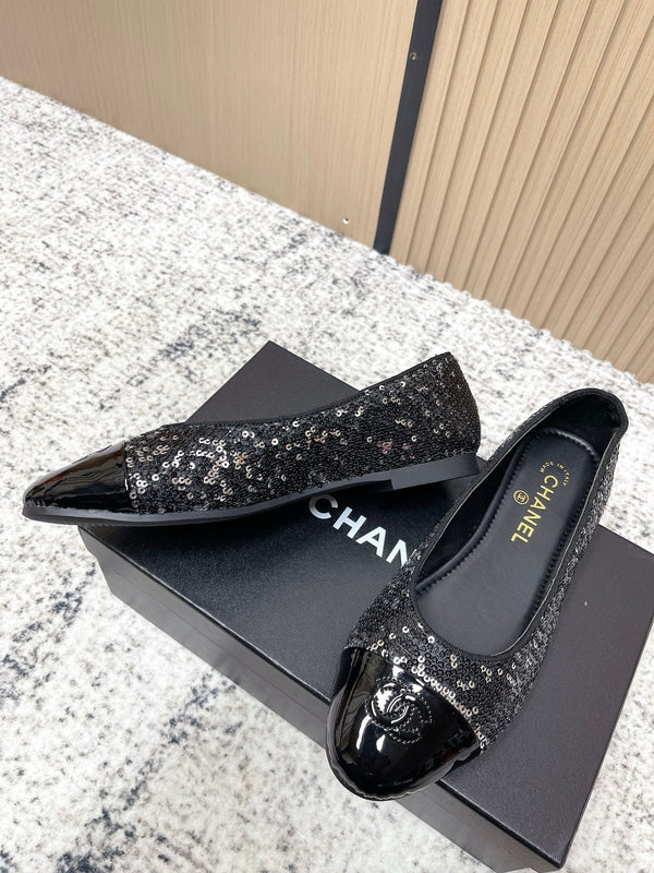 Ballerines Chanel Coco Mark Noires Argentées en Agneau 591378