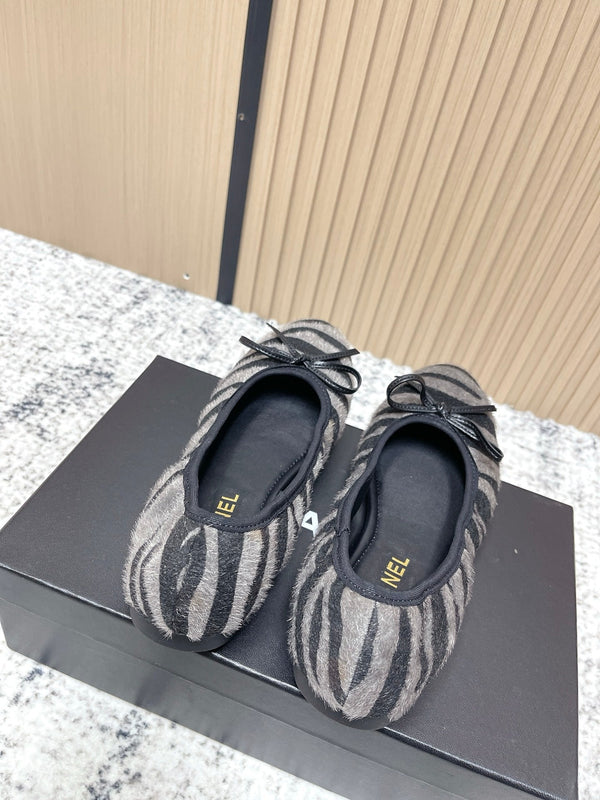 Chanel 26 Tiger Print Gray Black Ballet Flat in Sheepskin Wool 591375