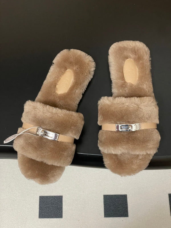 Hermes Giulia Kelly Buckle H-Slippers Beige in Wool 594327