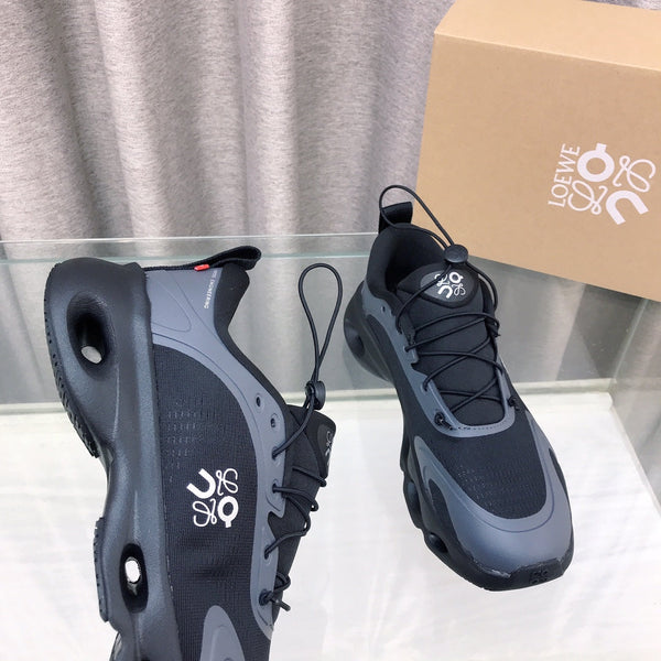 Loewe x on Angpao Couple Running Sneakers Black Gray Nylon Calfskin 597420