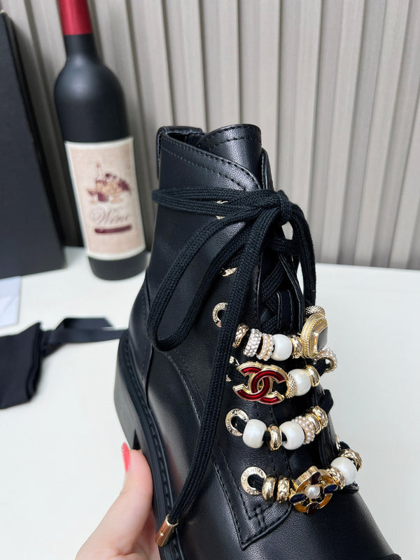 Chanel CC Combat Short Boots With Pearl Black in Calfskin 597894