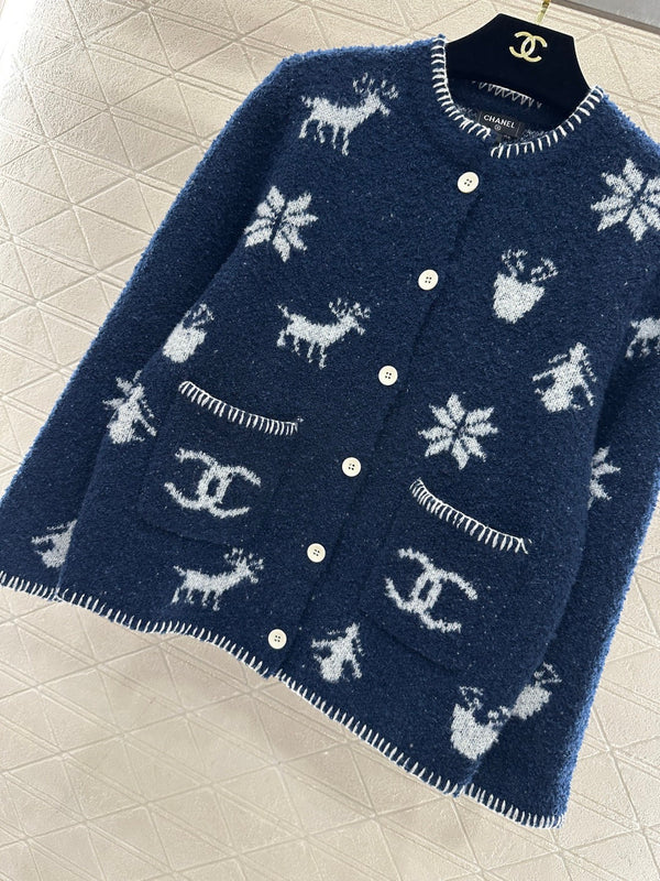 Cardigan en maille jacquard Chanel 26 bleu en fil de laine 801433