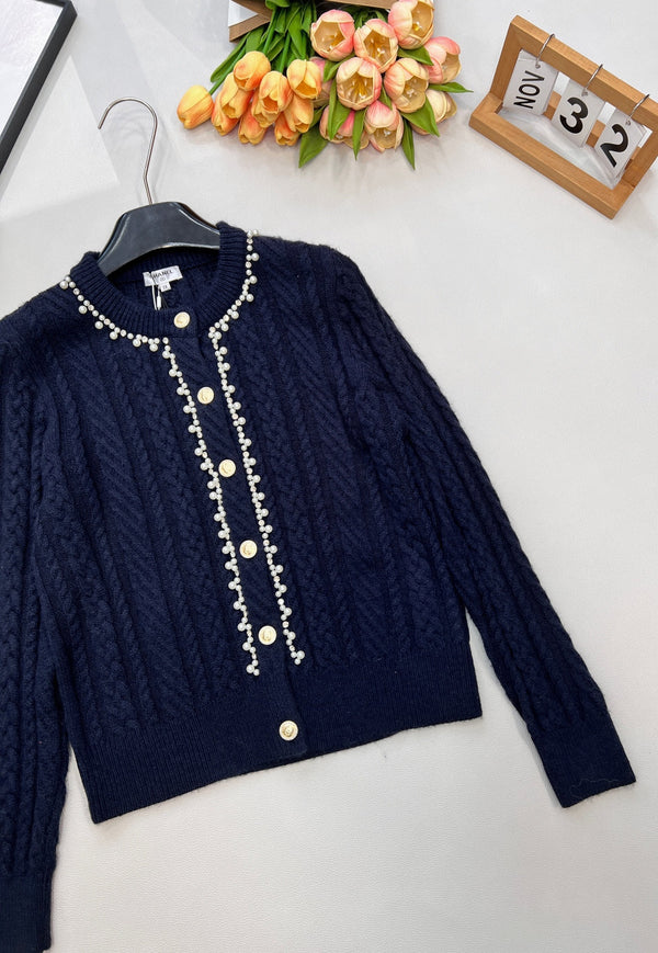 Cardigan Chanel Col Rond Maille Torsadée Bleu Marine en Laine 799529