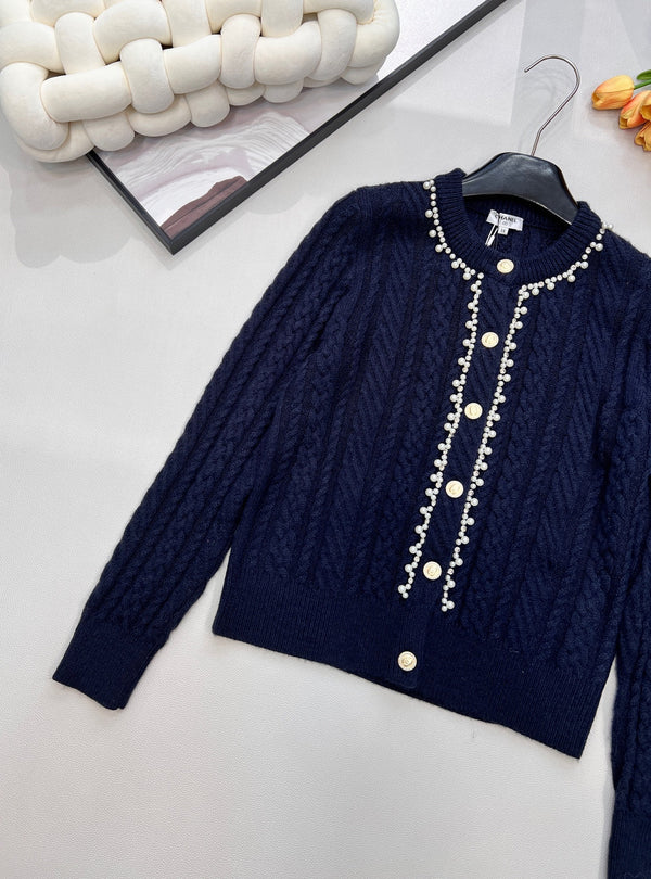Cardigan Chanel Col Rond Maille Torsadée Bleu Marine en Laine 799529